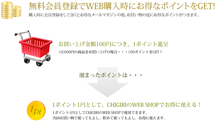 会員登録すると、お買い物金額１００円で１ポイントゲット。１ポイント１円として使用が可能